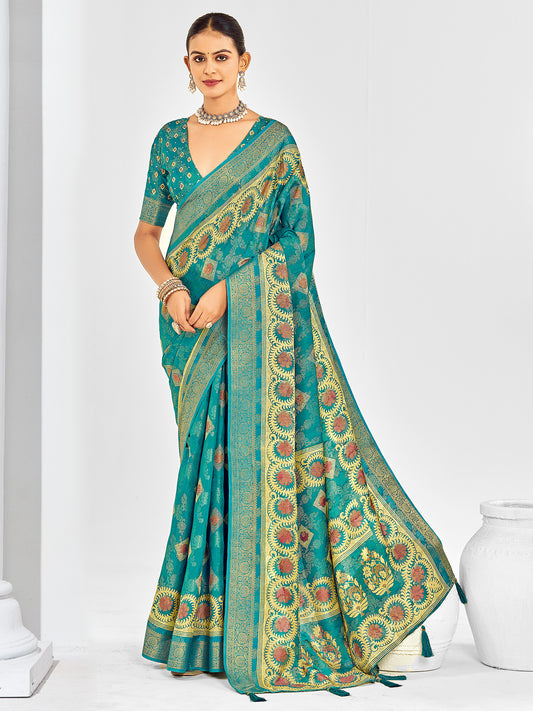 Teal Banarasi Silk Saree with Meenakari Weave & Zari Border