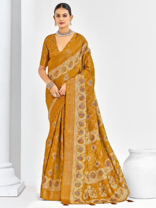 Mustard Banarasi Silk Saree with Meenakari Weave & Bandhani Blouse