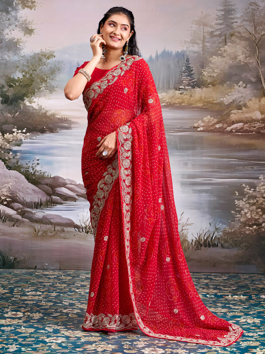 Red Geometric Motif georgette Saree