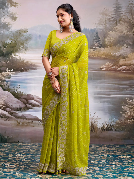 Saree Lime Green Bandhani Saree