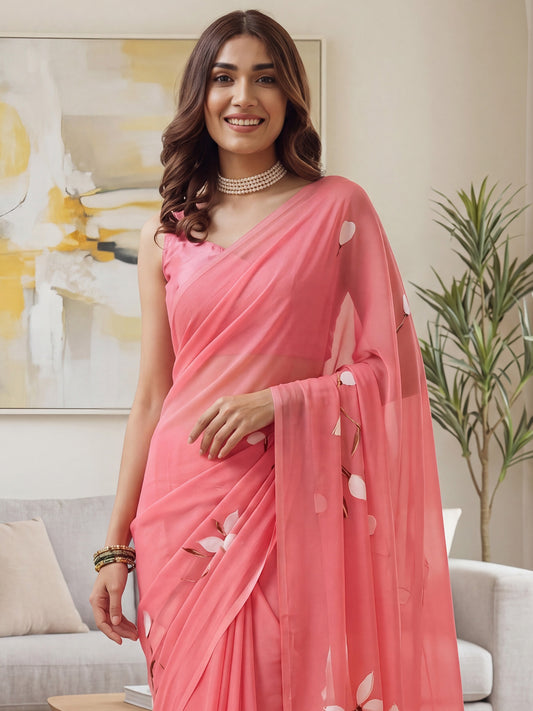 Coral Pink Chiffon Saree with Hand-Painted Lily Motifs