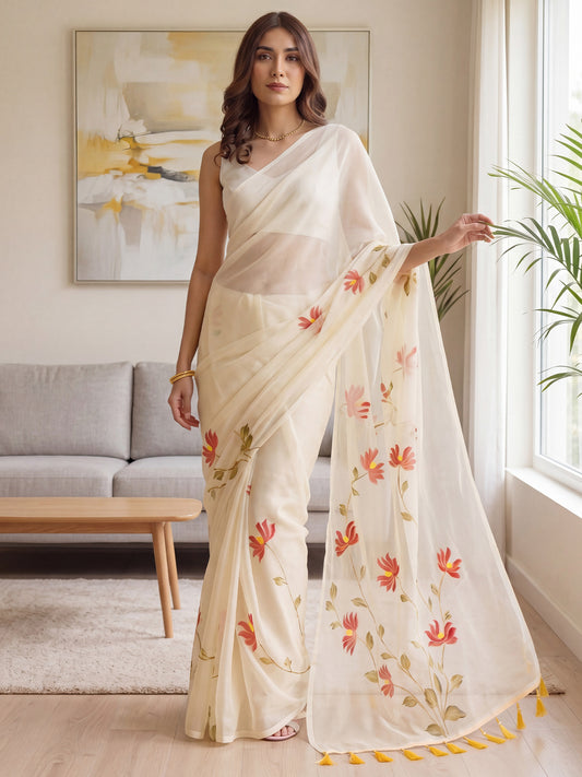 Off-White Chiffon Saree with Hand-Paint