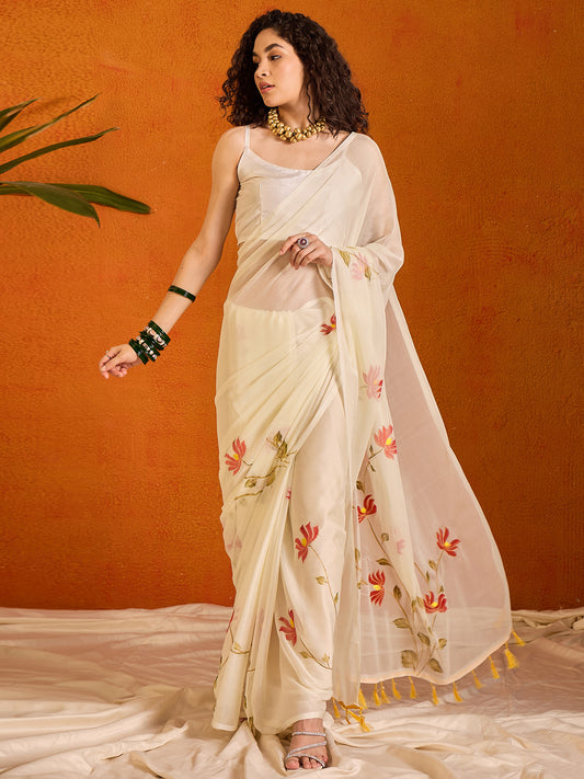 Ethereal Ivory Hand-Painted Saree