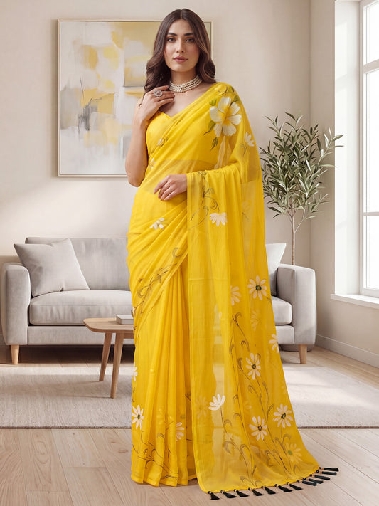 Bright Yellow Hand Painted Saree