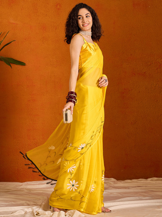 Sun-Kissed Mustard Yellow Hand-Painted Saree