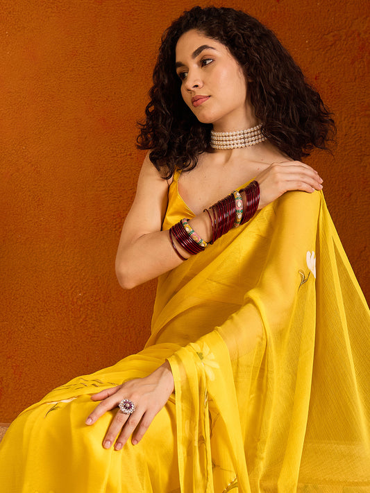 Sun-Kissed Mustard Yellow Hand-Painted Saree