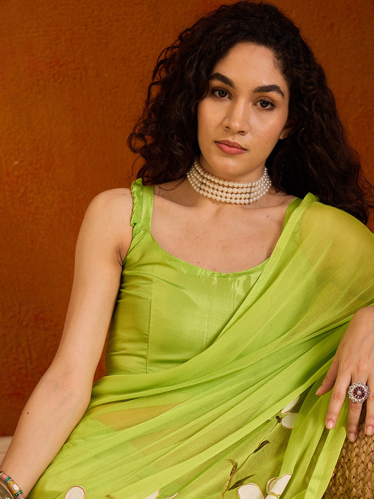 Luminous Lime Green Hand-Painted Saree