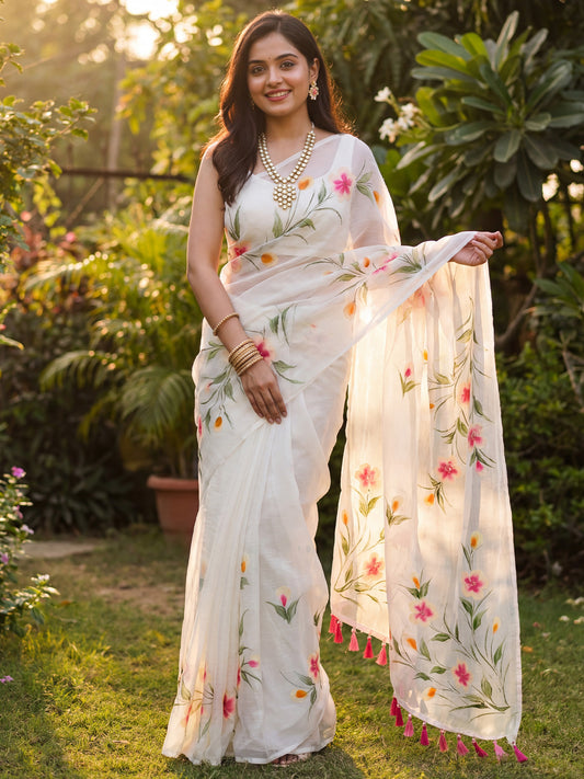 White Chinnon Hand Printed Saree