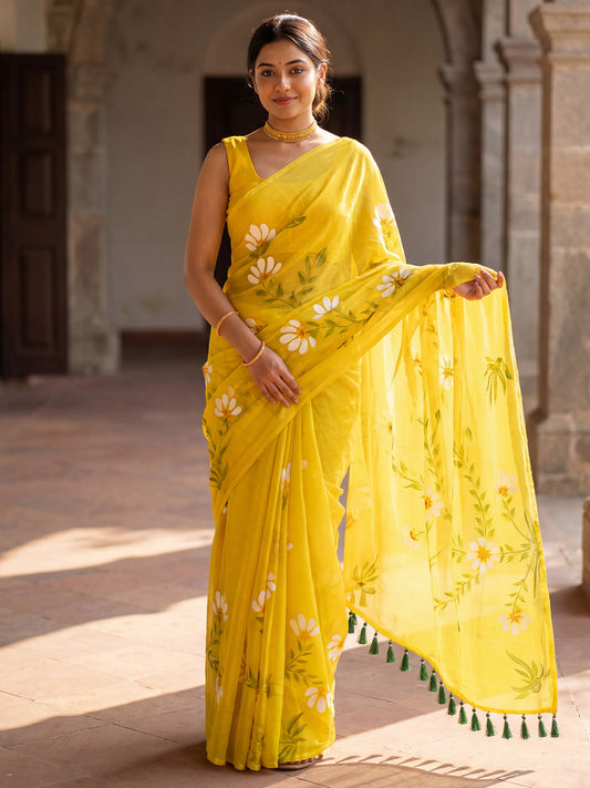 Yellow Floral Hand-Painted Chinnon Saree
