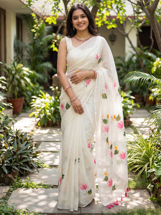 Off-White : Floral Hand-Painted Saree