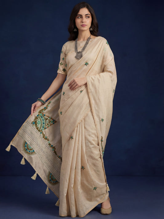 Beige Embrodered Saree