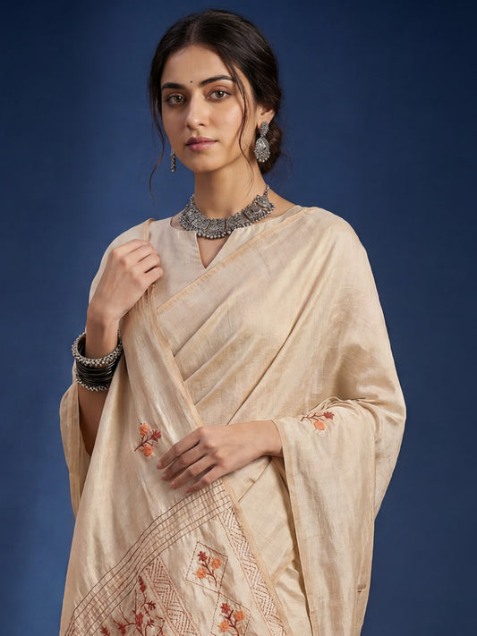 Beige Embrodered Tussar Silk Saree