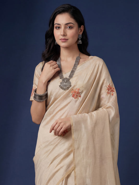 Beige Embrodered Tussar Silk Saree