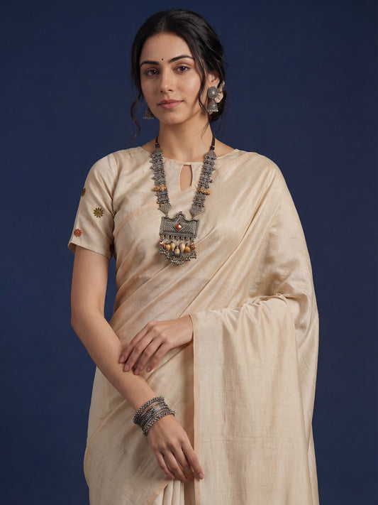 Beige Embrodered Tussar Silk Saree