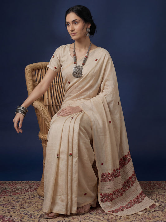 Ivory Embroidered  Tussar Silk Saree