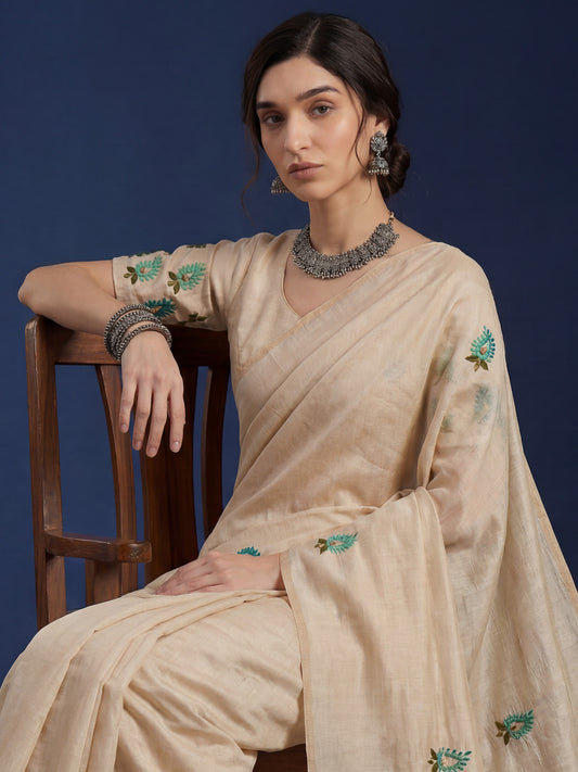 Beige Cream Embrodered Tussar Silk