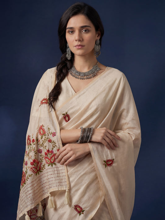 Ivory Embroidered Tussar Silk Saree