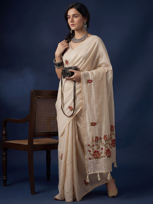 Ivory Embroidered Tussar Silk Saree