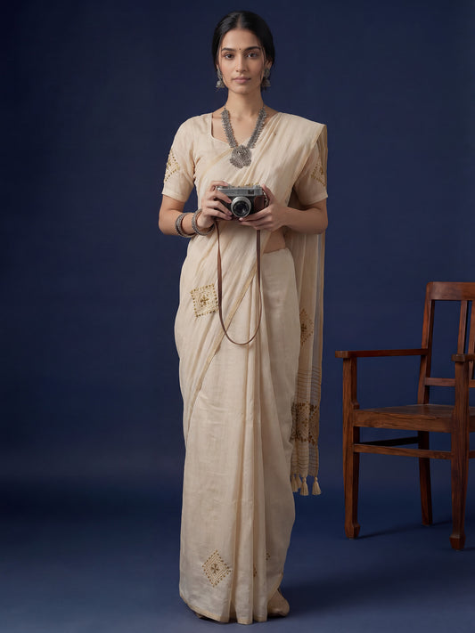 Beige Embroidered Tussar Silk Saree