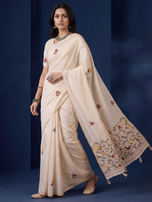 Ivory Handloom Tussar Silk Saree with Kashmiri Floral Embroidery