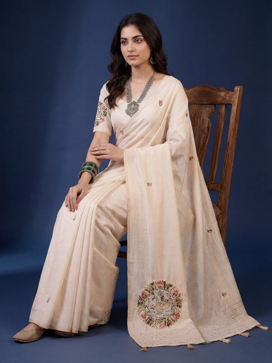Tussar Silk Saree with Kashmiri Peacock Mandala