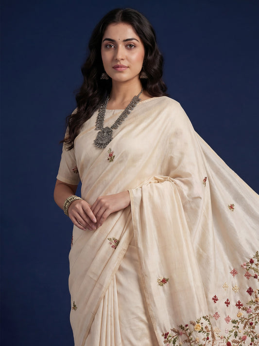 Tussar Silk Saree with Geometric & Kashmiri Floral Embroidery