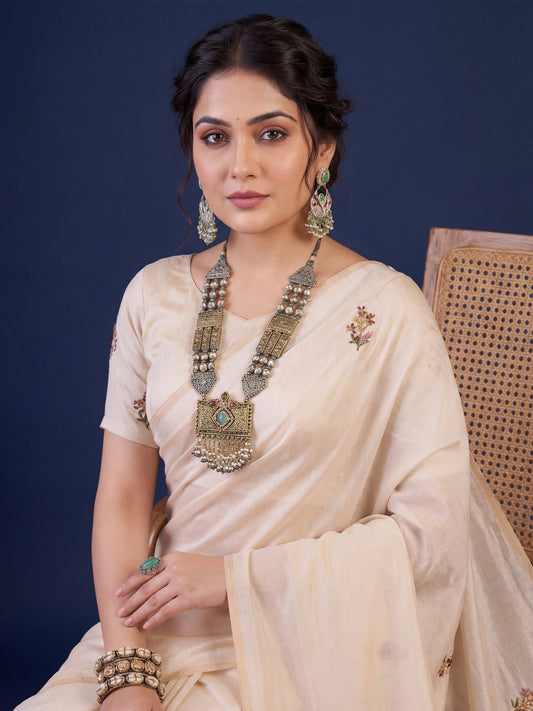 Tussar Silk Saree with Kashmiri Floral Vine Embroidery