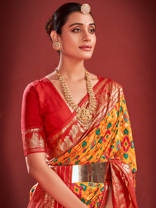 Yellow Red Silk Blend Patola Inspired Weaving Zari Border Blouse Saree