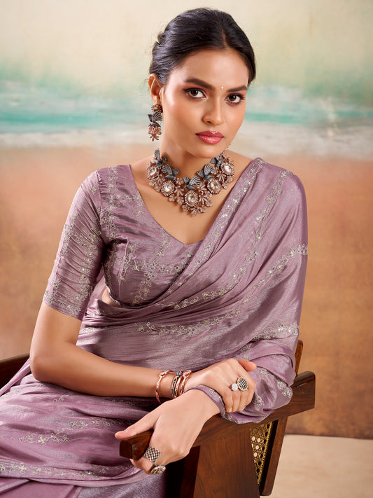 Mauve Silk Embroidered Saree with Blouse