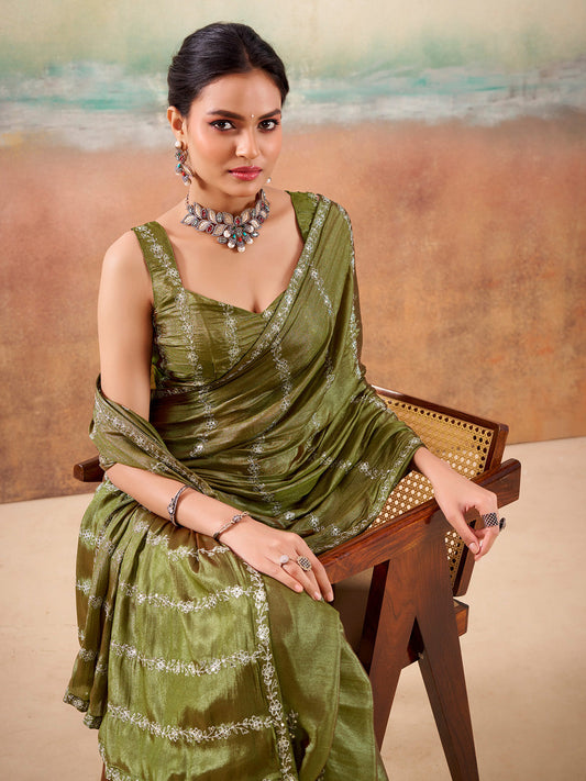 Olive Green Embroidered Silk Saree