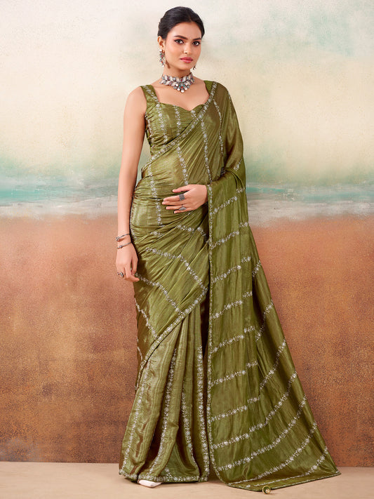 Olive Green Embroidered Silk Saree