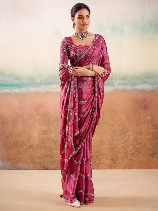 Rose Pink Embroidered Silk Saree with Stitched Blouse