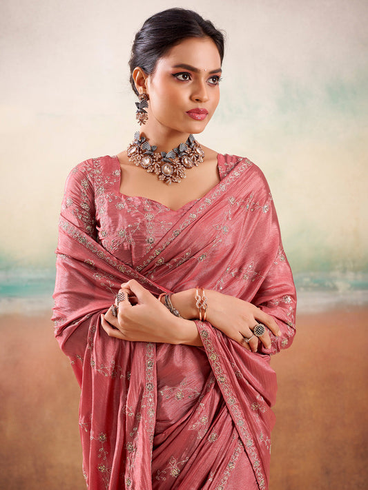Pink Embroidered Silk Saree with Stitched Blouse