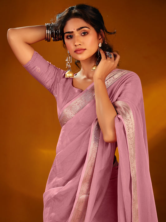 Pink Silk Saree with Zari Border