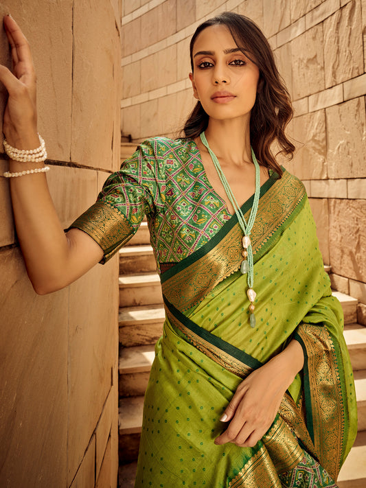 Lime Green Silk Blend Bandhani Saree