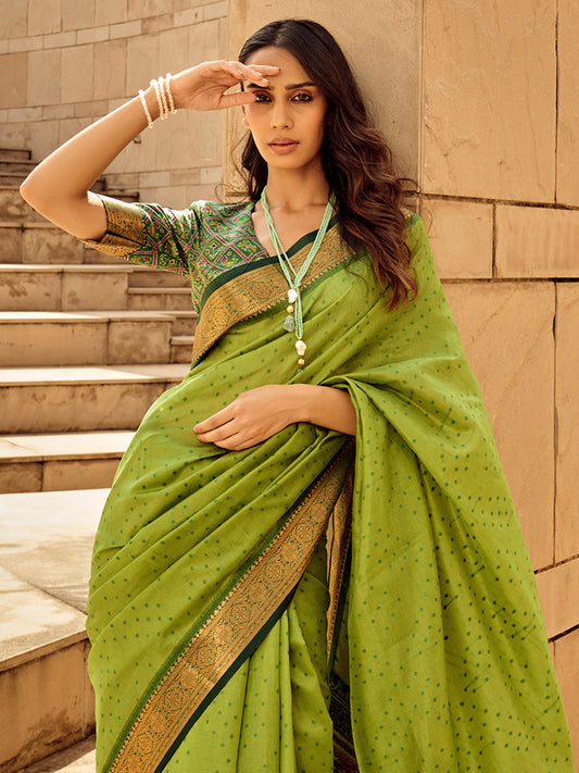 Lime Green Silk Blend Bandhani Saree