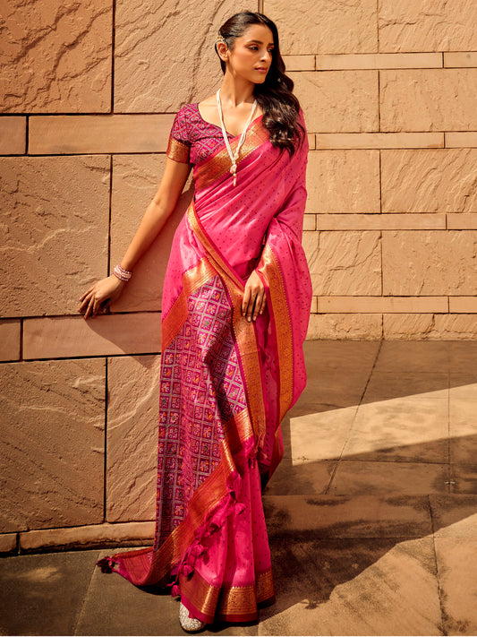 Pink & Purple Silk Blend Patola Style Zari Woven saree
