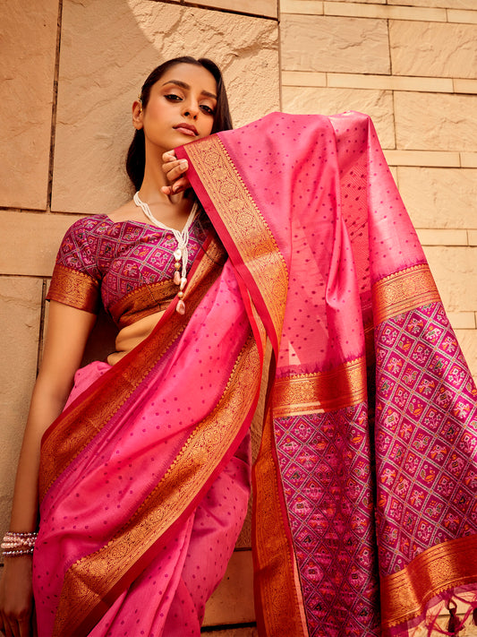Pink & Purple Silk Blend Patola Style Zari Woven saree