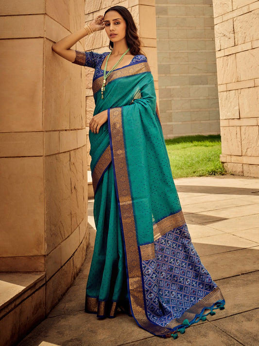 Teal Green Silk Blend&Patola Print Border Saree
