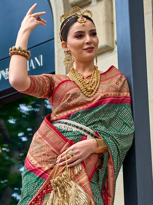 Green Bandhani Patola Silk Saree with Red Contrast