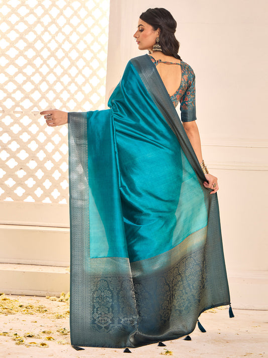 Graceful Rama Blue Silk Blend Saree