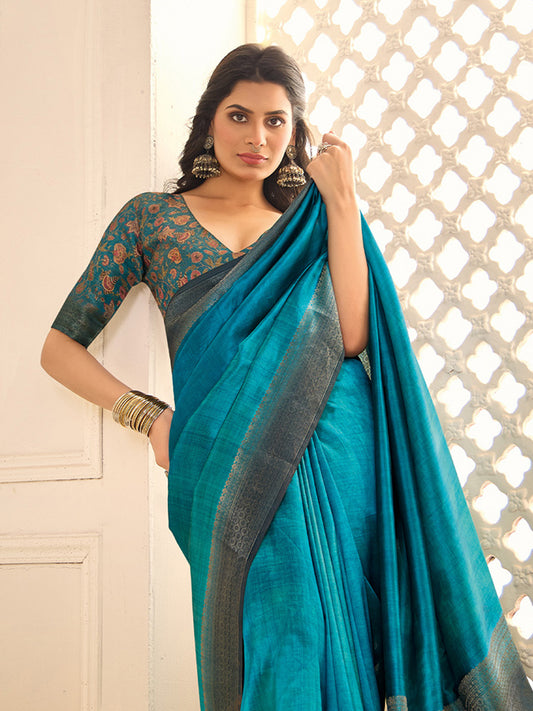 Graceful Rama Blue Silk Blend Saree