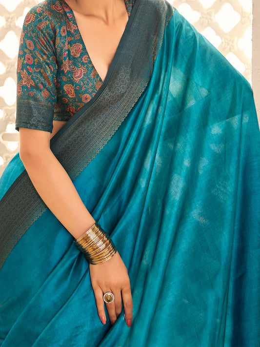Graceful Rama Blue Silk Blend Saree