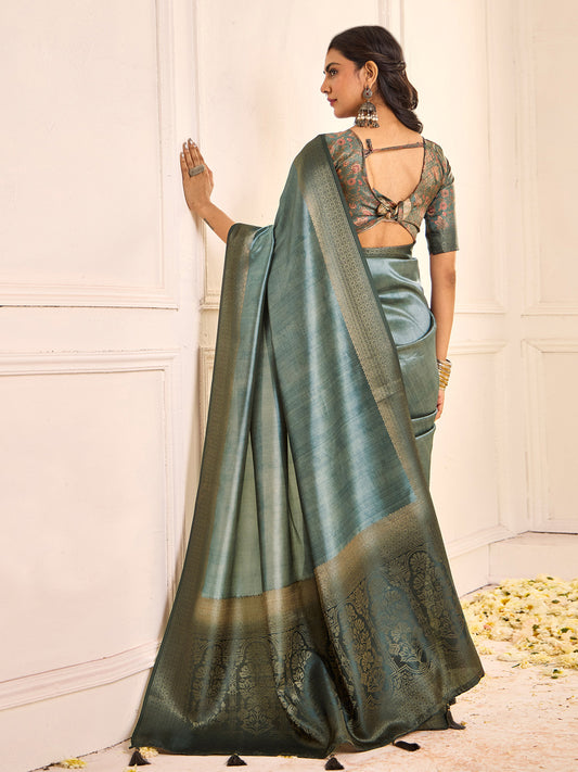 Teal Blue Solid Zari Weaving Silk Blend Saree