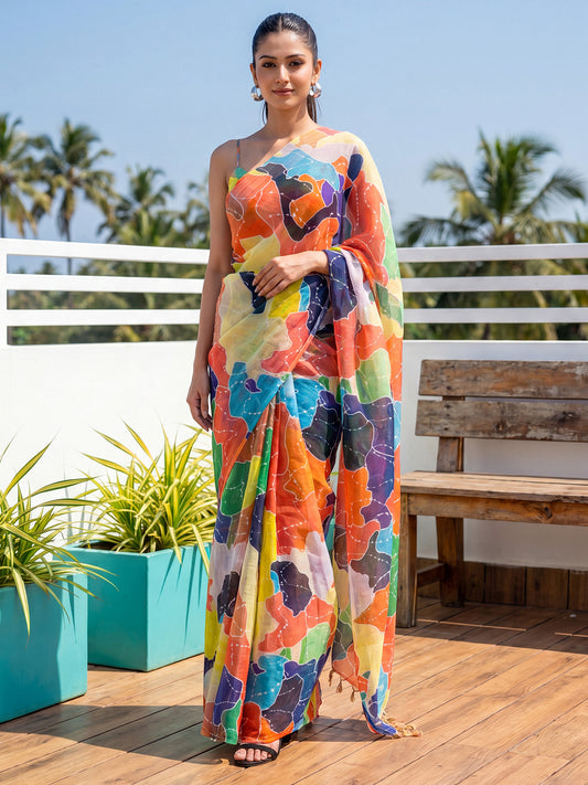 Multicolor Abstract Batik & Mosaic Print Linen Saree