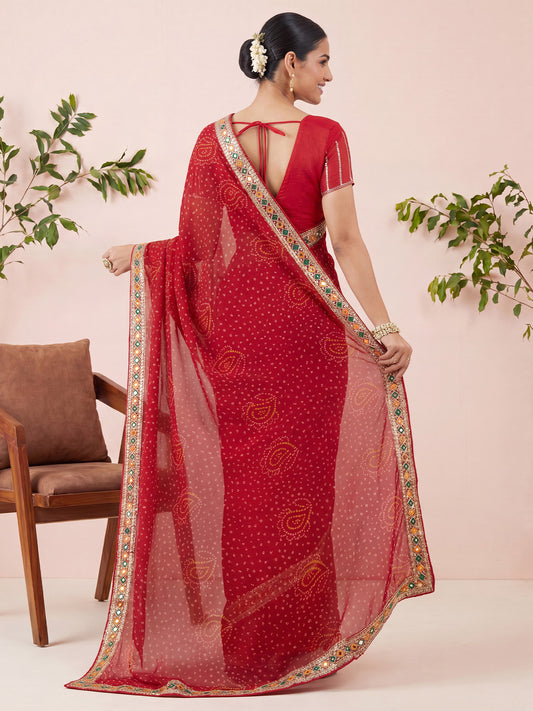 Red Mirror & Thread Lace Border Bandhani Saree