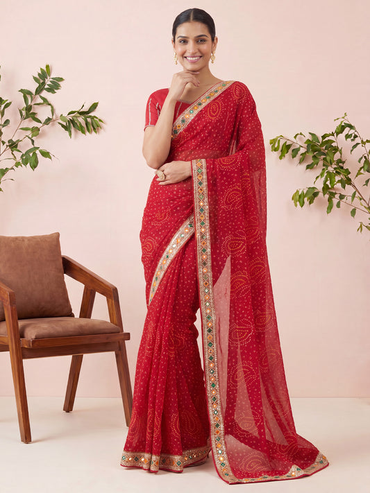 Red Mirror & Thread Lace Border Bandhani Saree