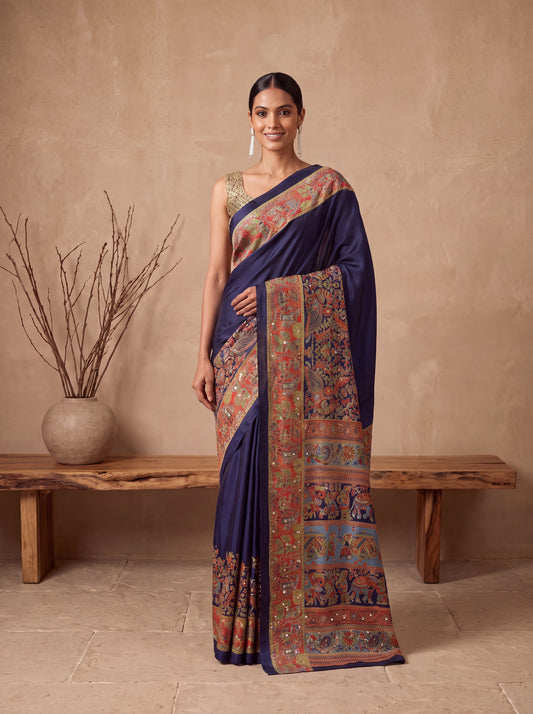 Navy Kalamkari Print Mirror Saree