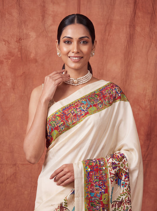 Ivory Kalamkari Print Satin Saree