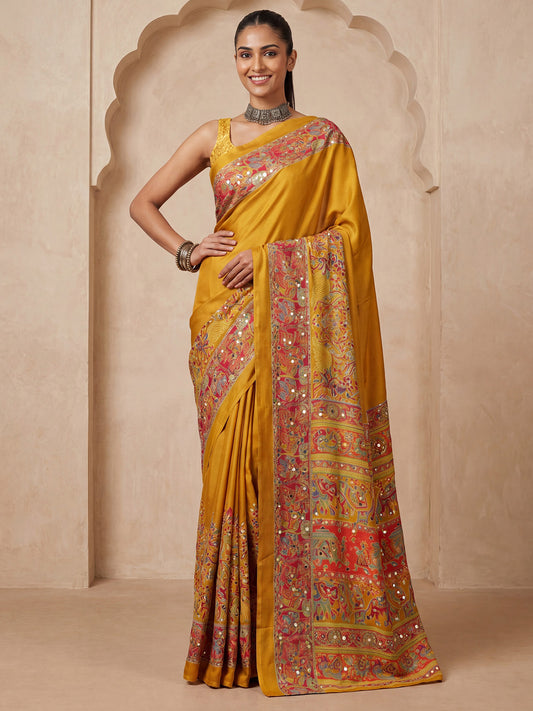 Mustard Kalamkari Print Mirror Saree